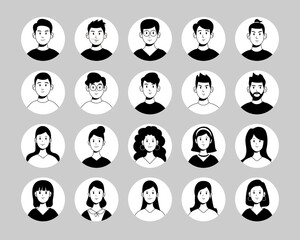 Fototapeta premium Bundle of different people avatars. Male and female characters faces avatar collections. black line style