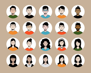 Bundle of different people avatars. Male and female characters faces avatar collections. color style
