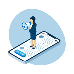 Business woman appeal information on social media - isometric view