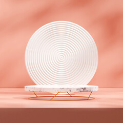Marble podium with white circle backdrop in pink salmon space 3d render mockup square layout