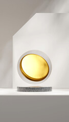 Black marble podium 3d rendering mockup scene in portrait with gold circle and white wall backdrop