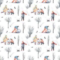 Watercolor hand drawn seamless pattern. Snowy walk in the forest landscape with walking people in the park, trees, snowman, snowdrifts. New year elements isolated on white background. Winter scene.