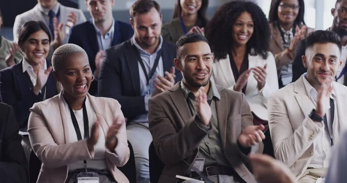 Celebrating, applause or audience clapping hands happy for a winning business at a conference. A cheerful crowd cheering at a corporate seminar or workshop event for a successful startup company