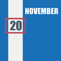 Fototapeta premium november 20. 20th day of month, calendar date.Blue background with white stripe and red number slider. Concept of day of year, time planner, autumn month.