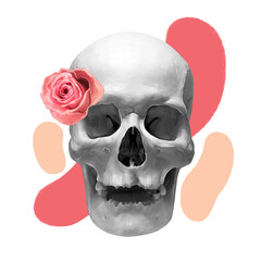 A collage of a skull and a rose stylized as art for the day of the dead or Halloween.