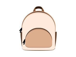 Vector beige fashionable backpack isolated on white background. Small woman bag with straps, front view. Flat cute girls accessories. Trip female handle baggage. Back to school, college, university 