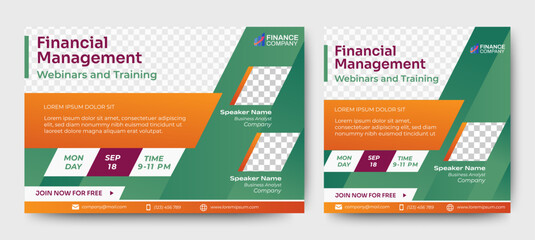 Financial Management live webinar banner invitation and social media post template. Business webinar invitation design. Vector EPS 10