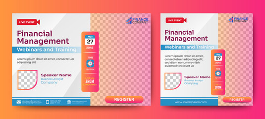 Financial Management live webinar banner invitation and social media post template. Business webinar invitation design. Vector EPS 10