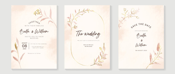 Luxury botanical wedding invitation card template. Watercolor card with eucalyptus, leaves branches, foliage, wildflowers. Elegant blossom vector design suitable for banner, cover, invitation.