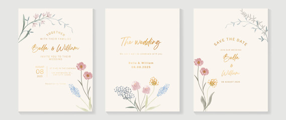Fototapeta na wymiar Luxury botanical wedding invitation card template. Watercolor card with eucalyptus, leaves branches, foliage, wildflowers. Elegant blossom vector design suitable for banner, cover, invitation.