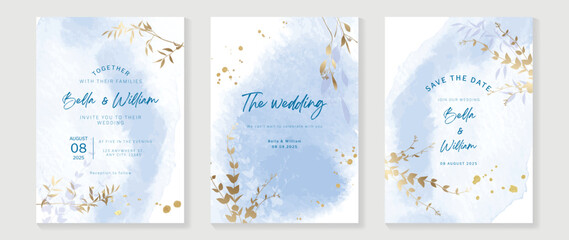 Fototapeta na wymiar Luxury botanical wedding invitation card template. Watercolor card with blue color, leaves branches, foliage, trees. Elegant blossom vector design suitable for banner, cover, invitation.