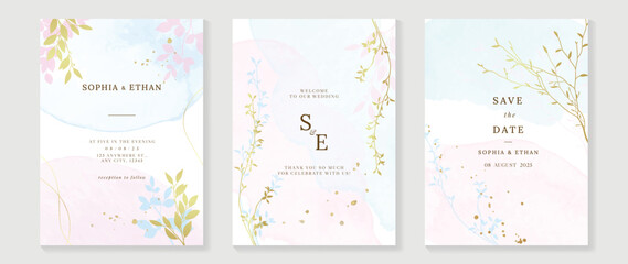 Luxury botanical wedding invitation card template. Watercolor card with pink and blue color, leaves branches, foliage, trees. Elegant blossom vector design suitable for banner, cover, invitation.
