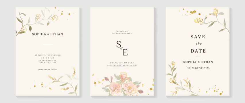 Luxury botanical wedding invitation card template. Watercolor card with eucalyptus, leaves branches, foliage, rose flowers. Elegant blossom vector design suitable for banner, cover, invitation.