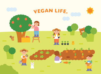 Obraz na płótnie Canvas Vegan life. Cute characters are growing vegetables on the farm. A person picking fruit from a tree. The bear hiding behind the broccoli. flat design style vector illustration.