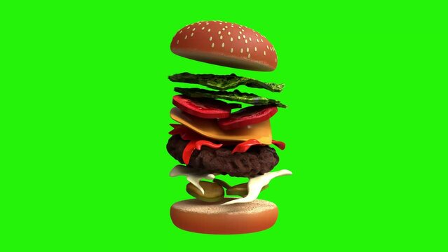 Animated 360 degree rotating Burger with separate Fast food Concept on Black background. 3D rendering Green Screen.