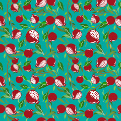  Full red Pomegranate fruit with graphic pattern and green leaves in seamless pattern style. Texture, wrapper, pattern or printing. Flat vector image.