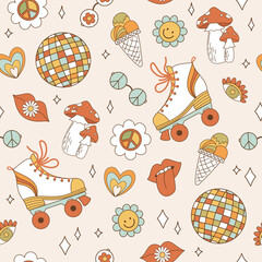Seamless pattern retro 1970s hippie. Psychedelic groove elements. Background with roller skate, mushrooms in vintage style. Illustration with positive symbols for wallpaper, fabric, textiles. Vector - 523691574