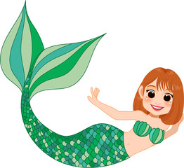 Cartoon character with cute mermaid princess with colorful hair and tail