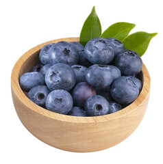 Fresh Blueberries in wooden bowl with leaf isolated on white background, Sweet Blueberry raw...
