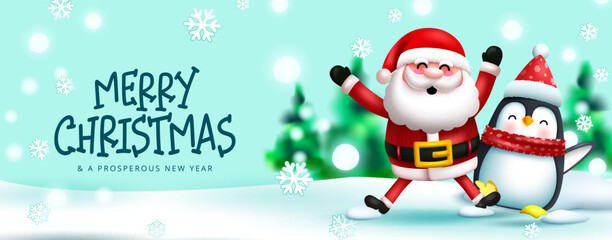Christmas character greeting vector design. Merry christmas text with santa claus and penguin playing in snow outdoor for xmas characters messages. Vector illustration.
