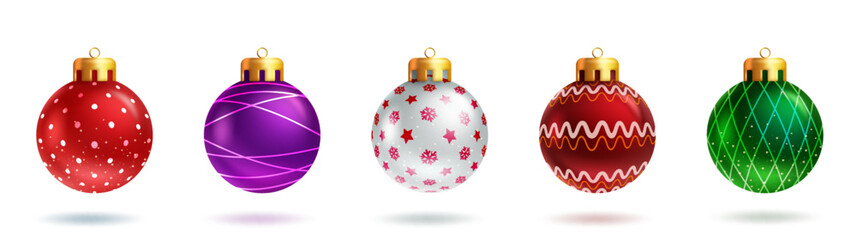 Christmas balls vector set design. 3d realistic xmas decoration balls with creative patterns and colors of red, green and purple for colorful xmas ornament collection. Vector illustration. 
