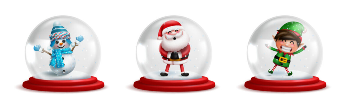Christmas crystal ball vector set. 3d realistic snow balls with characters of santa claus, snow man and elf for xmas decoration and character collection design. Vector illustration.
