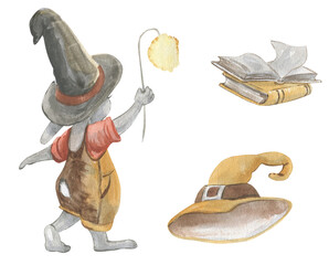 Watercolor illustration of a rabbit in clothes with a hat holding a lantern