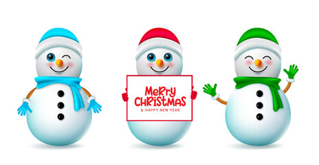 Christmas snowman character vector set. Christmas snow man characters standing pose and gestures holding white board in cute facial expression for xmas holiday collection. Vector illustration.

