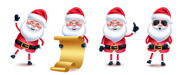 Fototapeta premium Santa claus christmas character vector set. Santa claus characters collection in 3d cute pose holding scroll isolated in white background for xmas holiday design. Vector illustration. 