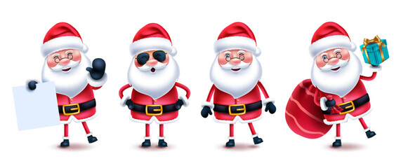 Santa claus christmas character vector set. Santa claus 3d characters in standing, smiling and holding gifts pose and expression for xmas design collection. Vector illustration.
