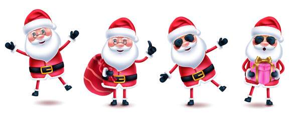 Santa claus christmas character vector set. Santa claus characters collection in 3d cute pose and gestures with gift, sunglasses and sack bag for xmas holiday design. Vector illustration.
