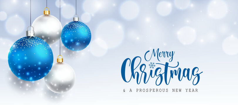 Christmas holiday vector background design. Merry christmas greeting text with blue and silver hanging balls for xmas season decoration and greeting. Vector illustration.
