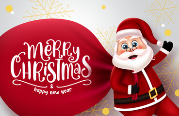 Christmas santa character vector design. Merry christmas greeting text in red sack pulling by santa claus character for xmas holiday season gift giving celebration. Vector illustration.

