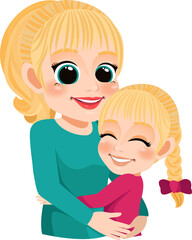 Cartoon character with Mom and daughter embrace. Mother is day concept