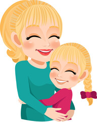 Cartoon character with Mom and daughter embrace. Mother is day concept