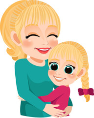 Cartoon character with Mom and daughter embrace. Mother is day concept