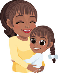 Cartoon character with American African Mom and daughter embrace. Mother is day concept