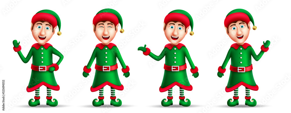 Poster christmas elf character vector set. elves in 3d realistic characters in standing, waving and smiling