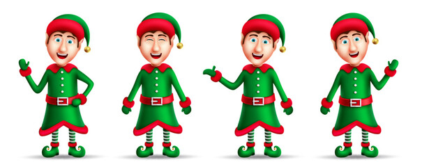 Christmas elf character vector set. Elves in 3d realistic characters in standing, waving and smiling friendly gestures and expression for xmas collection design. Vector illustration.
 - obrazy, fototapety, plakaty