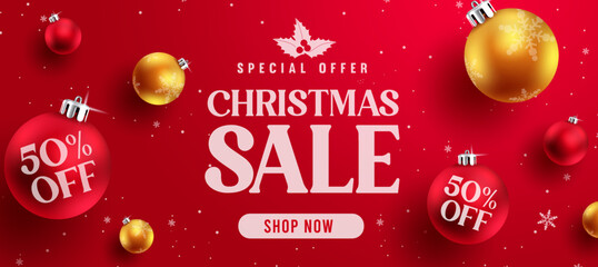 Naklejka na ściany i meble Christmas sale vector banner design. Christmas sale special offer text in shopping price discount with xmas balls elements for holiday promo ads. Vector illustration. 