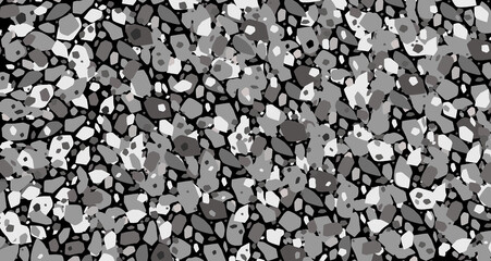 Vector black bitumen texture. Road grainy gray background. Street rock floor wallpaper. Tarmac material detail close up. Paving asphalt way. Road, highway top view. Dark stone roadway abstract tar
