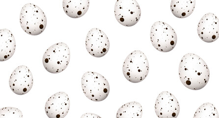 Vector quail eggs seamless pattern. White eggs with dark dots, realistic illustration. Quail product on white background. Natural nutrition poster. Healthy food wallpaper. Easter food. Protein icon