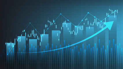 economy situation concept. Financial business statistics with bar graph and candlestick chart show stock market price and currency exchange on dark green background