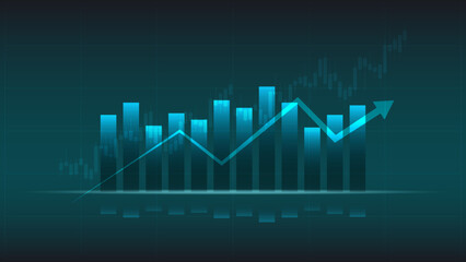 Naklejka premium economy situation concept. Financial business statistics with bar graph and candlestick chart show stock market price and currency exchange on dark green background