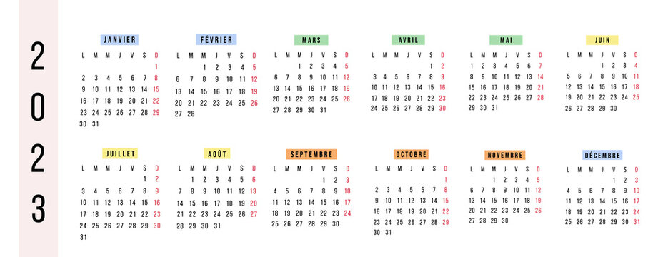 French calendar 2023 year. Vector stationery horizontal calendar week starts Monday. Yearly organizer. Simple calendar template in minimal design. Business illustration.