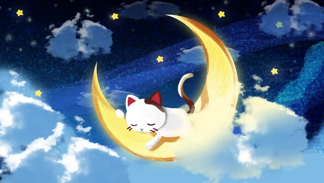 cute kawaii cat sleeping on the moon,night sky, yellow moon and stars.loop video background for lullabies