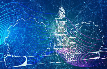 Natural gas and oil transit concept. Gas rig, gears and pipe.