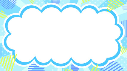 ポップなもくもく雲ふきだし枠と幾何学模様のブルー系集中線背景