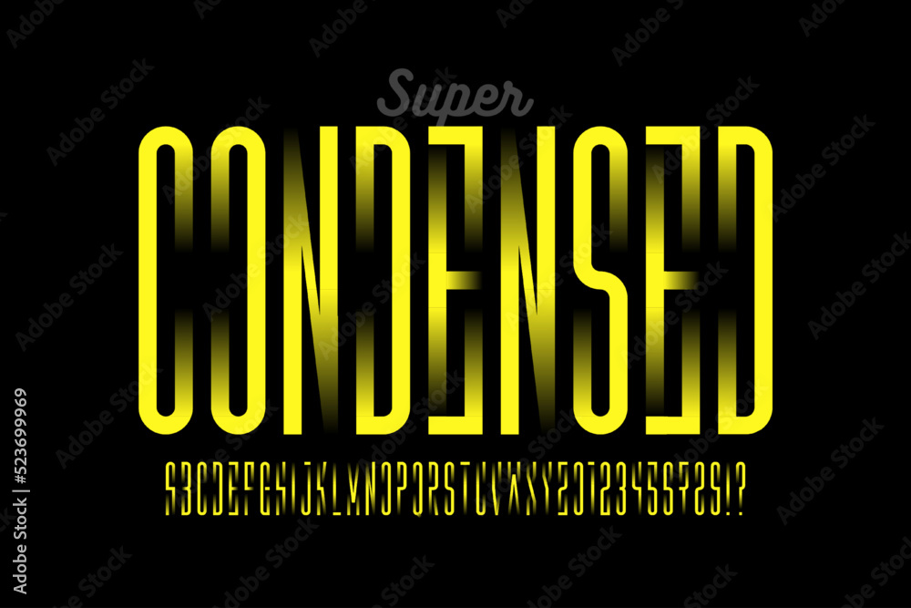 Fototapete modern condensed font with gradient elements, alphabet and numbers vector illustration