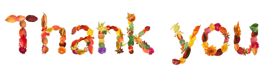 Text THANK YOU made of autumn leaves and flowers on white background